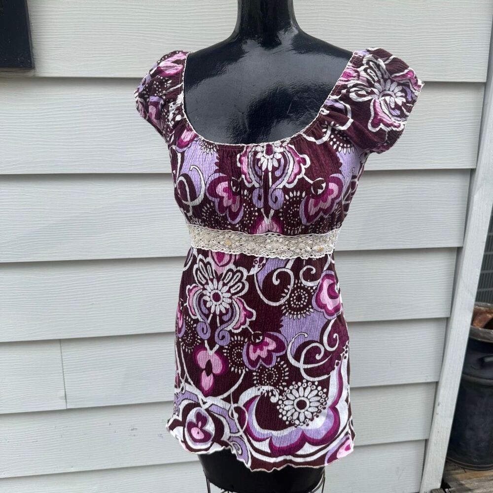 Gitano Y2K Purple Floral Empire Waist Top Wrap Tie Blouse